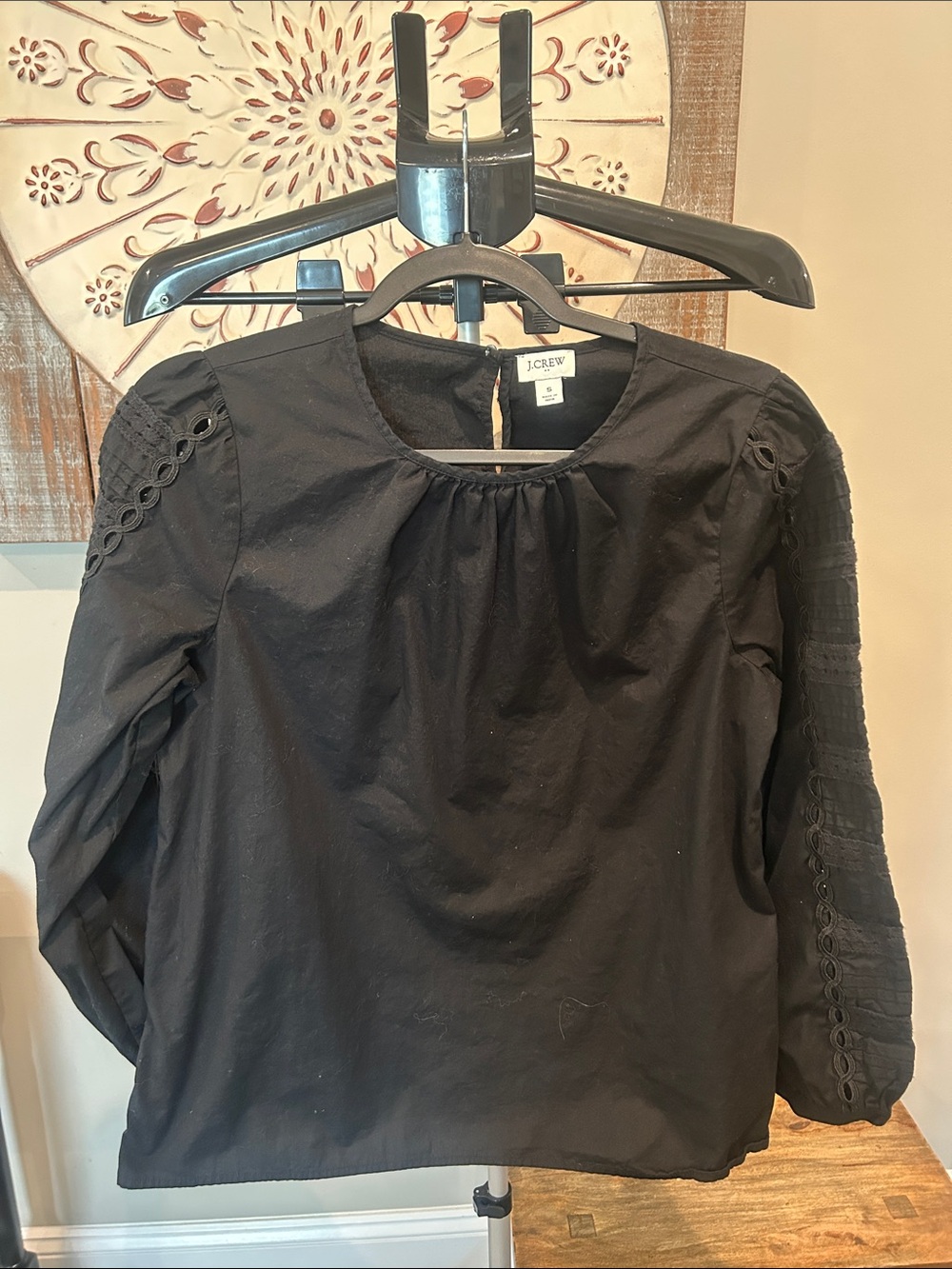 J. Crew Black Cotton Eyelet-Sleeve Top Sz Small
